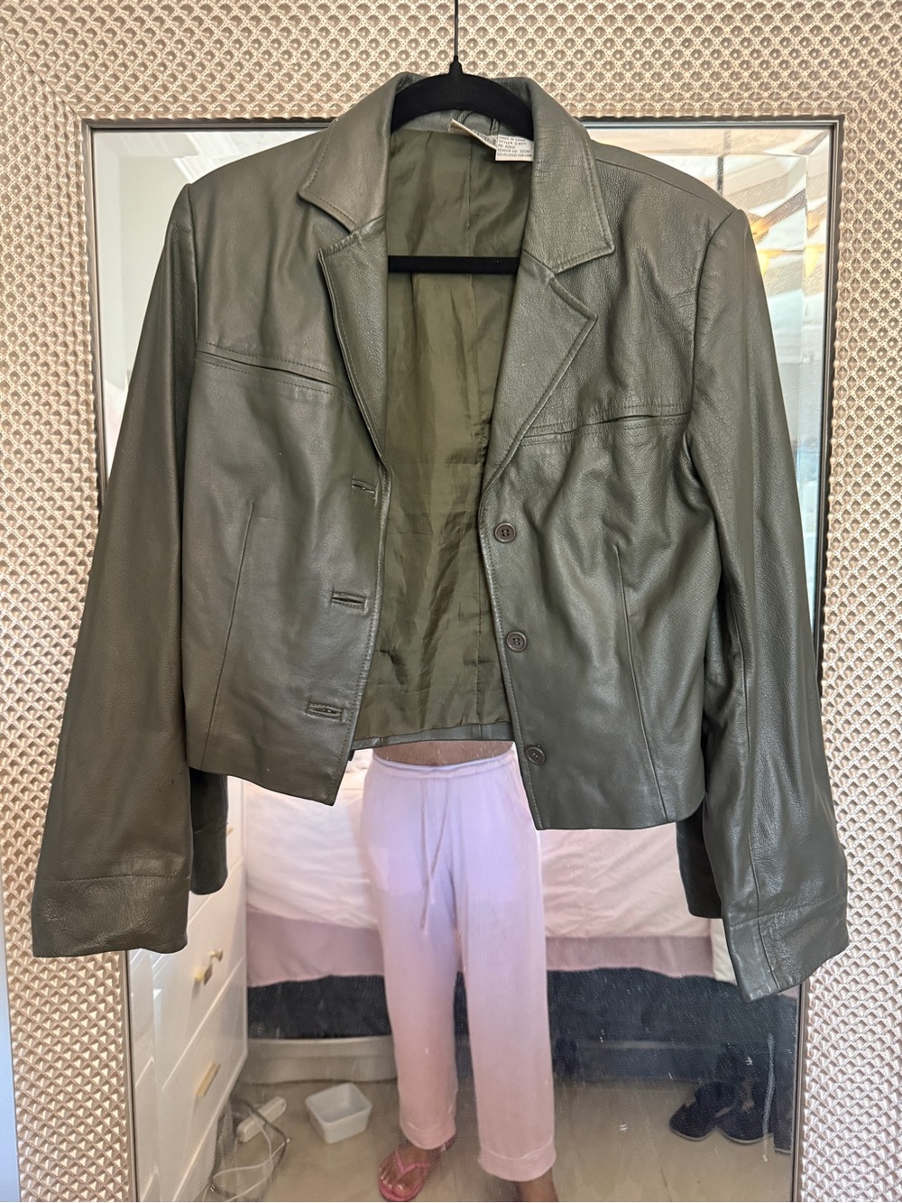 Newport News Olive Green Cropped Leather Blazer